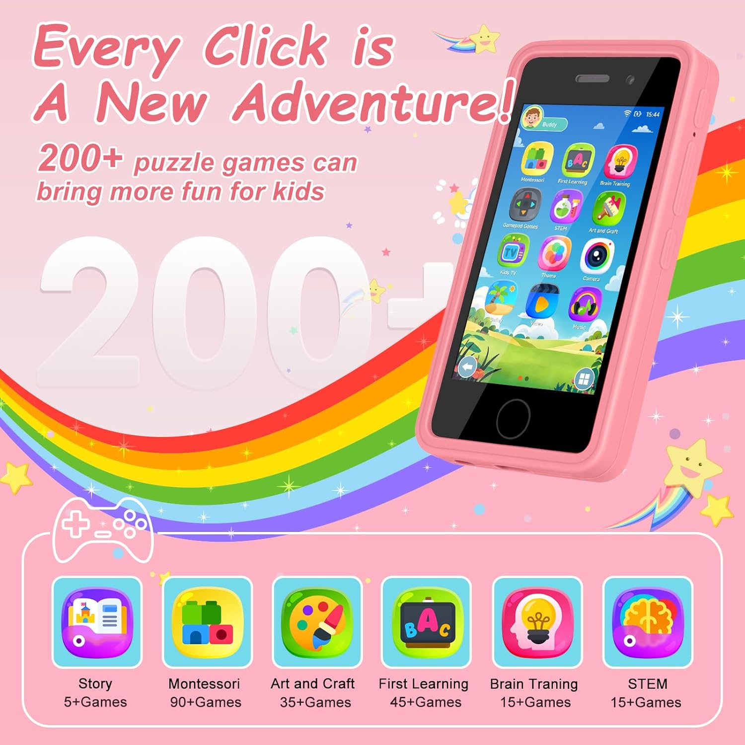 3.97 Touchscreen Kids Toys Smart Phone, Kids Phone with Games & Dual Camera, Toddler Toys Phone, Boys and Girls Learning Toy Phone for 3-9 Years Old (Pink)